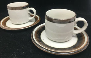 Karelia Arabia Finland 2174 Brown Bands Stoneware 2 Coffee Tea Cup Saucer Sets - Picture 1 of 3