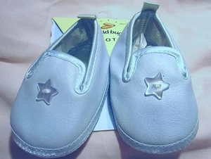 Baby Dedication Crib Shoes Booties LT BLUE Pleather Satin 0-4 Mo Star Button MOC - Picture 1 of 5