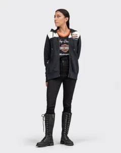 Harley Davidson Women's Iconic Colorblock Zip Front Hoodie Black White Biker M - Picture 1 of 9