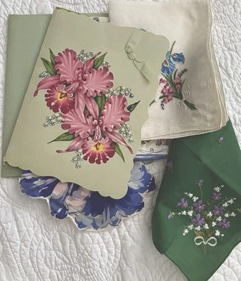 Antique IRIS Fleur Di Lis Handkerchiefs Hankie Gift Card PETIT POINT + Violets - Image 1 of 4