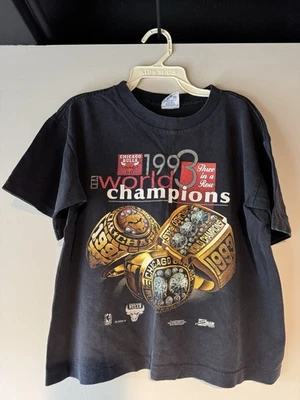 1993 Chicago Bulls Salem Three Peat World Champions Black T Shirt Kids 10-12 - Image 1 of 3