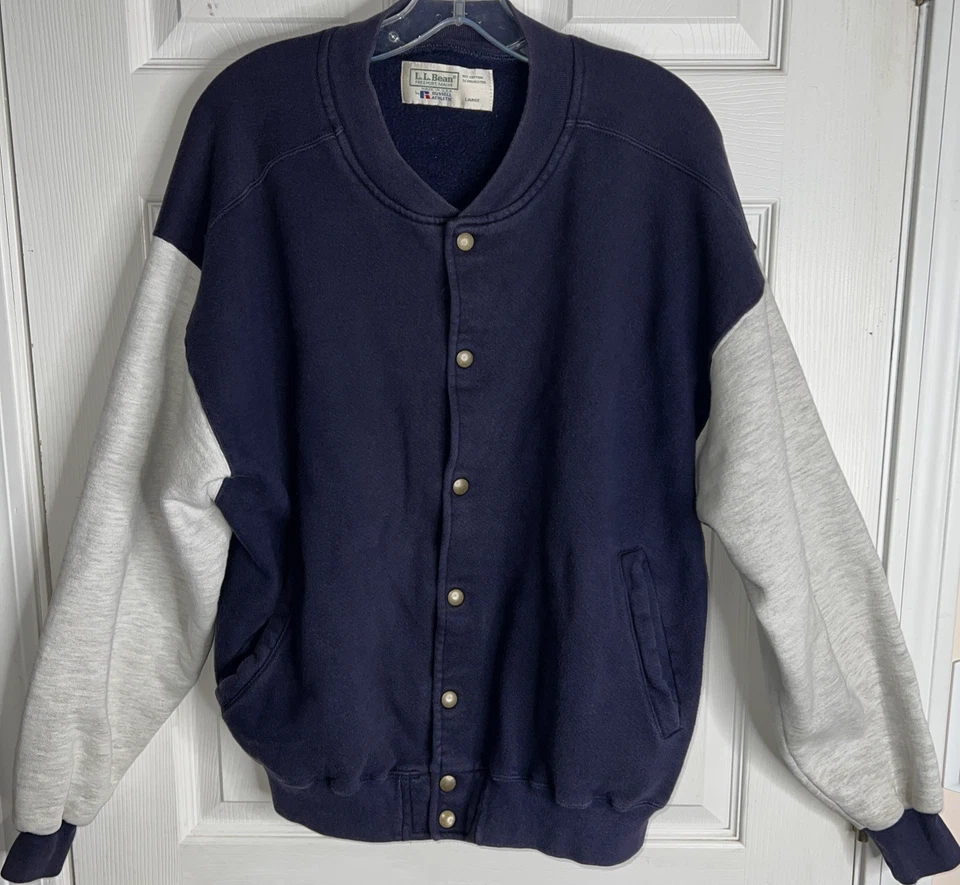 80s Vtg LL BEAN Jacket Men Sz Large RUSSELL Varsity Fleece Snap Sweatshirt USA - Image 1 of 4