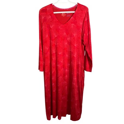 Gudrun Sjoden Midi Red Dress L Stretch Floral Long Sleeve Pullover Soft Lounge - Image 1 of 4