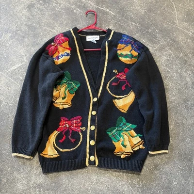 Cárdigan Suéter Vintage McNaughton Navidad Mujer M Negro Bordado Campanas Foto 1 de 4