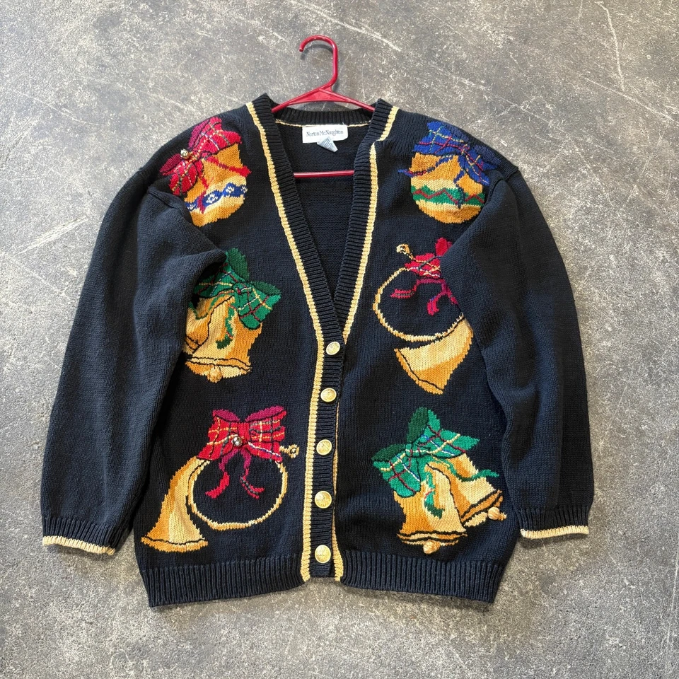 Винтажный McNaughton Рождественский кардиган свитер женщин M черный вышитые колокольчики - Изображение 1 из 4