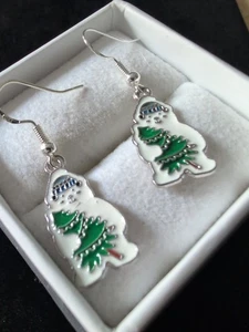 Sterling 925 Handcrafted Hand Enameled Homemade Christmas Polar Bear Earrings - Picture 1 of 6