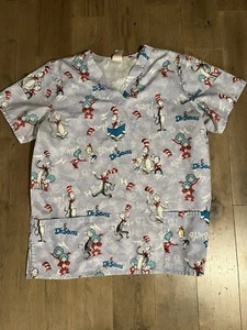 Dr Suess Women’s Large Blue Red V Neck Bump Thing 1 Thing 2 Scrub Top - Picture 1 of 8