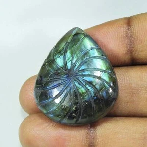 58 Cts Pear Blue Flash Labradorite Flower Carving Cabochon Gem Gemstone - Picture 1 of 3