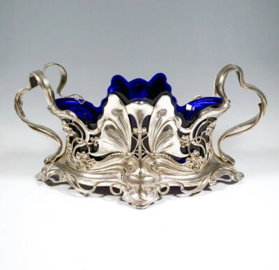 WMF Jugendstil Jardiniere With Butterflies Berries Blue Glass Insert Around 1900 - Image 1 of 4