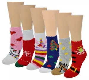 Different Touch 6 Pairs Kids Girls Cozy Christmas Non-Skid Slipper Crew Socks - Picture 1 of 7