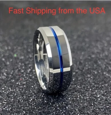 Alianza de boda de carburo de tungsteno de 8 mm anillo central a rayas azules talla 11 Foto 1 de 4