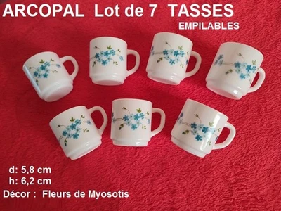 ARCOPAL FRANCE Vintage Lot 7 TASSES  Empilables Décor Fleurs VERONICA Myosotis - Photo 1/4