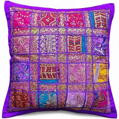 Handmade Indian Patchwork Decorative Cushion Cover - 16"x16" Boho Throw Pillow - Image 1 of 4