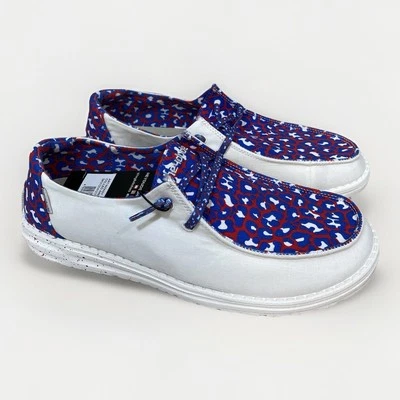 Zapatos Wendy Hey Dude para mujer Leo Americana sin cordones blancos leopardo talla 11 azul rojo Foto 1 de 4