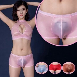 Men's Gay Shiny Sissy Underwear Sexy Satin Boxer Briefs Sport Shorts / Bra Top - Picture 1 of 40