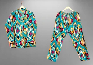 Women's Cotton Pj Set Blue Ikat Print Palazzo Set Pyjamas Nightie Sleepwear US - Picture 1 of 9