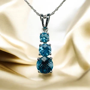 Natural Blue Topaz Rainbow Necklace in 10K White Gold 18" 1.7g GIFT WRAP - Picture 1 of 22