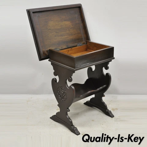 Antique Jacobean Trestle Style Flip Storage Top Work Stand Side End Table Cover