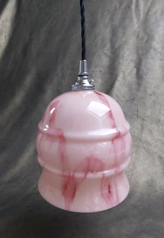 Vintage Art Deco Schoolhouse Chrome & Pink Opaline Milk Glass Pendant Light Cover