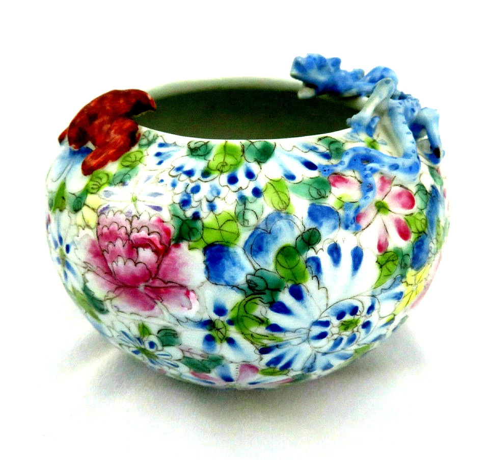 Antique Chinese Porcelain Millefleur Bowl / Brush Washer w/ Dragon & Bat - Image 1 of 4