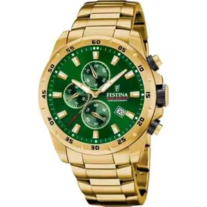 Festina Chronograph F205413 Mens Gold Stainless Steel Green Analog Dial Watch - Picture 1 of 4