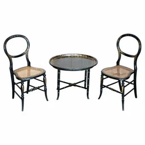 PAIR OF ANTIQUE REGENCY BERGER MOTHER OF PEARL SIDE OCCASIONAL CHAIRS & TABLE - Picture 1 of 12