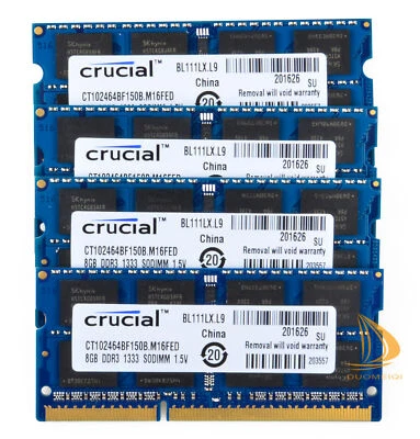 Crucial Kits 4x 8GB 2Rx8 PC3-10600S DDR3-1333Mhz SODIMM Laptop Memory RAM 1.5V & - Image 1 of 4