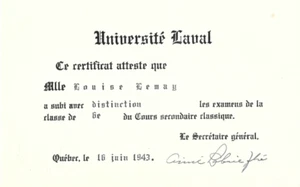1943 CERTIFICAT DE L'UNIVERSITÉ LAVAL DE LOUISE LEMAY - Picture 1 of 1