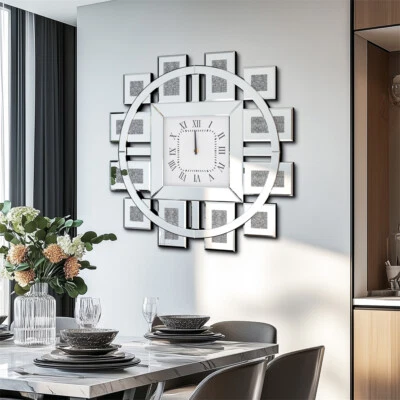 Geometric Crushed Diamond Mirrored Wall Clock Sparkling Twinkle Bling Home Decor - Image 1 of 4