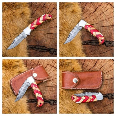 Custom Handmade Damascus Steel Folding Knife Beautiful Red & Yellow Handle - Image 1 of 4
