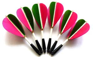 REAL FEATHER DART FLIGHTS, 2 X SETS, LONG STEM 2BA THREAD. COLOUR PINK & GREEN - Picture 1 of 2