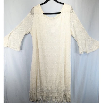 Cal Style Cream Lace Bell Sleeve Fringe Hem Dress Plus Size 2XL Made in USA - Image 1 of 4