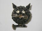 Vintage Signed Pell Black Cat Rhinestone Pin Brooch Missing 2 Stones Halloween