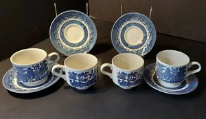 Churchill Blue Willow Cups and Saucers ~ Made in England ~ Set of 4 - Picture 1 of 9