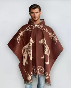 Alpaca Poncho Hood Wool red/brown Bears | reversible | Soft Wool | Cherokee - Picture 1 of 13