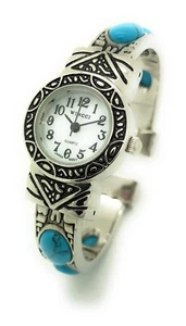Wincci Damen Silber Metall Armreif Manschette Modeuhr Türkis Steine Perlen Zifferblatt - Bild 1 von 13