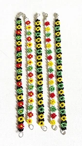 Handmade Jamaican Flag, Rasta, Reggae, African Glass Seed Bead Flower Bracelet - Picture 1 of 11