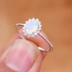 925 Argento Sterling Moissanite Anello di Fidanzamento Naturale Opale Gemma - Foto 1 di 6