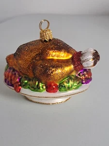 VTG. Hand Blown Glass 4" Long THANKSGIVING TURKEY ON PLATTER Glittery Ornament - Picture 1 of 8