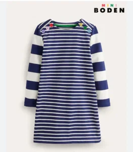 Mini Boden Dress 11-12 Navy Stripe Long Sleeve Rainbow Button Nautical Preppy - Picture 1 of 10
