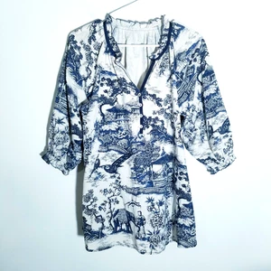 Homemade Blouse Tunic Top Womens Medium Blue Toile 3/4 Sleeves Ruffles Popover - Picture 1 of 10