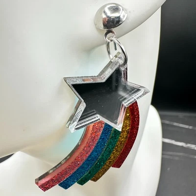 Pendientes colgantes estrella fugaz acrílico brillo arco iris, joyería llamativa 2,12 pulgadas Foto 1 de 4