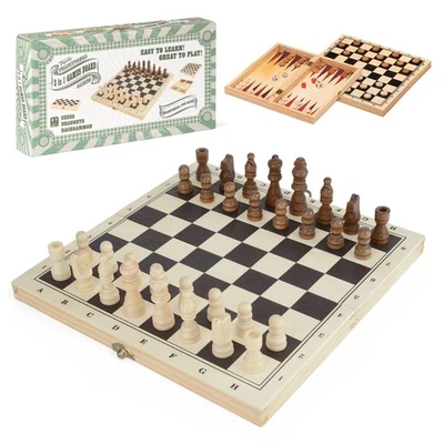 Toyrific 3 in 1 Folding Wooden Board Games Set, Portable Traditional Game - Image 1 of 4