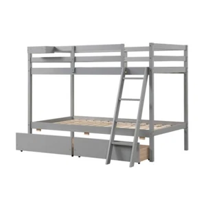 Twin Size Over Bunk Modern Wooden Bed Frame 2 Pull-out Storage Drawer w/ Ladder - Picture 1 of 13