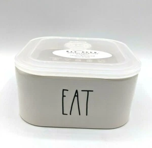 Rae Dunn "EAT" Ciotola Contenitore Alimenti Quadrata Avorio Ceramica con Coperchio Ventilato di Magenta - Foto 1 di 4