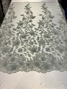Gray 3D Pearls Flowers/Floral Beaded Embroidered Mesh Lace Fabric By The Yard - Picture 1 of 10