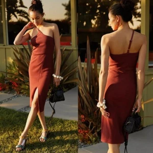 Anthropologie Asymmetrical One-Shoulder Dress Cocoa Sleek XL NEW - Picture 1 of 5