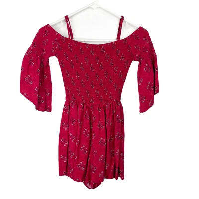 Hollister Romper Shorts Women XS Red Floral Smock Top Boho Off Shoulder Juniors - Image 1 of 4