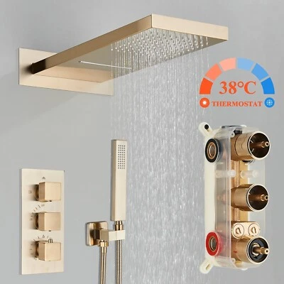Thermostatic Shower Mixer Set Bathroom Concealed Valve Wall Mount Brushed Gold