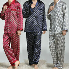 Men Pajama Set Faux Silk Sleepwear Long Sleeve Pants Soft Satin Nightgown Casual